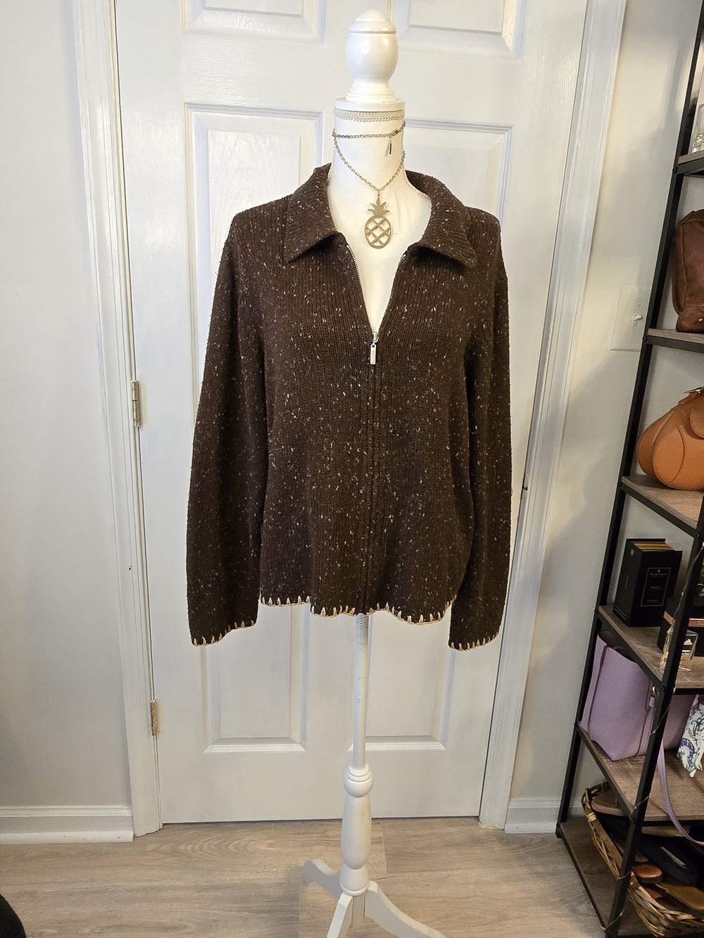 Crazy Horse Brown Zip-Front Women's Sweater with Collar XL